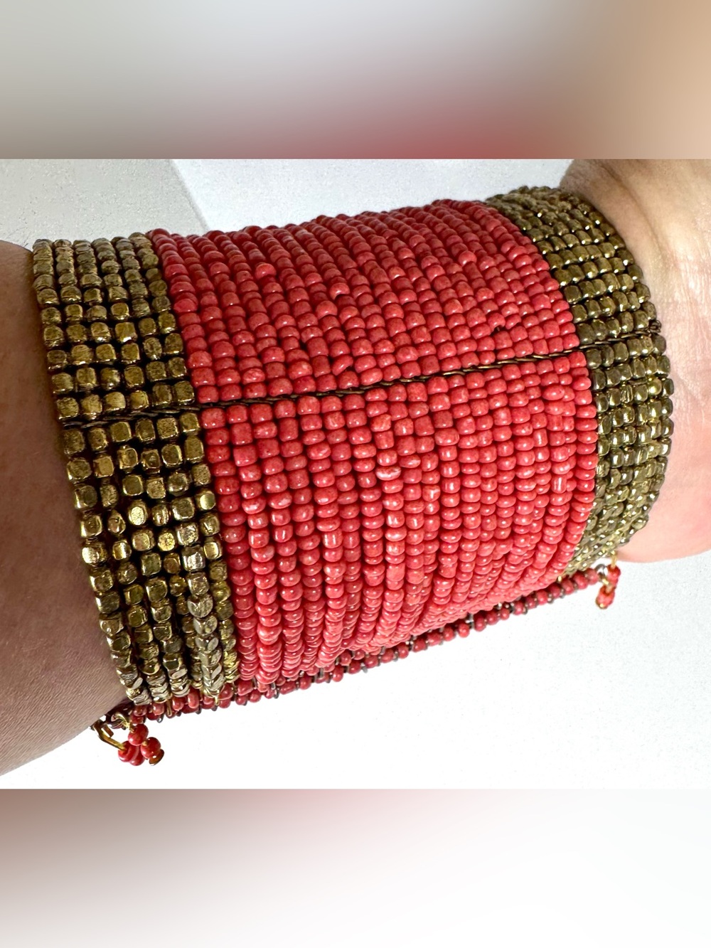Beaded Red and Gold Cylindrical Bracelet Cuff #1741